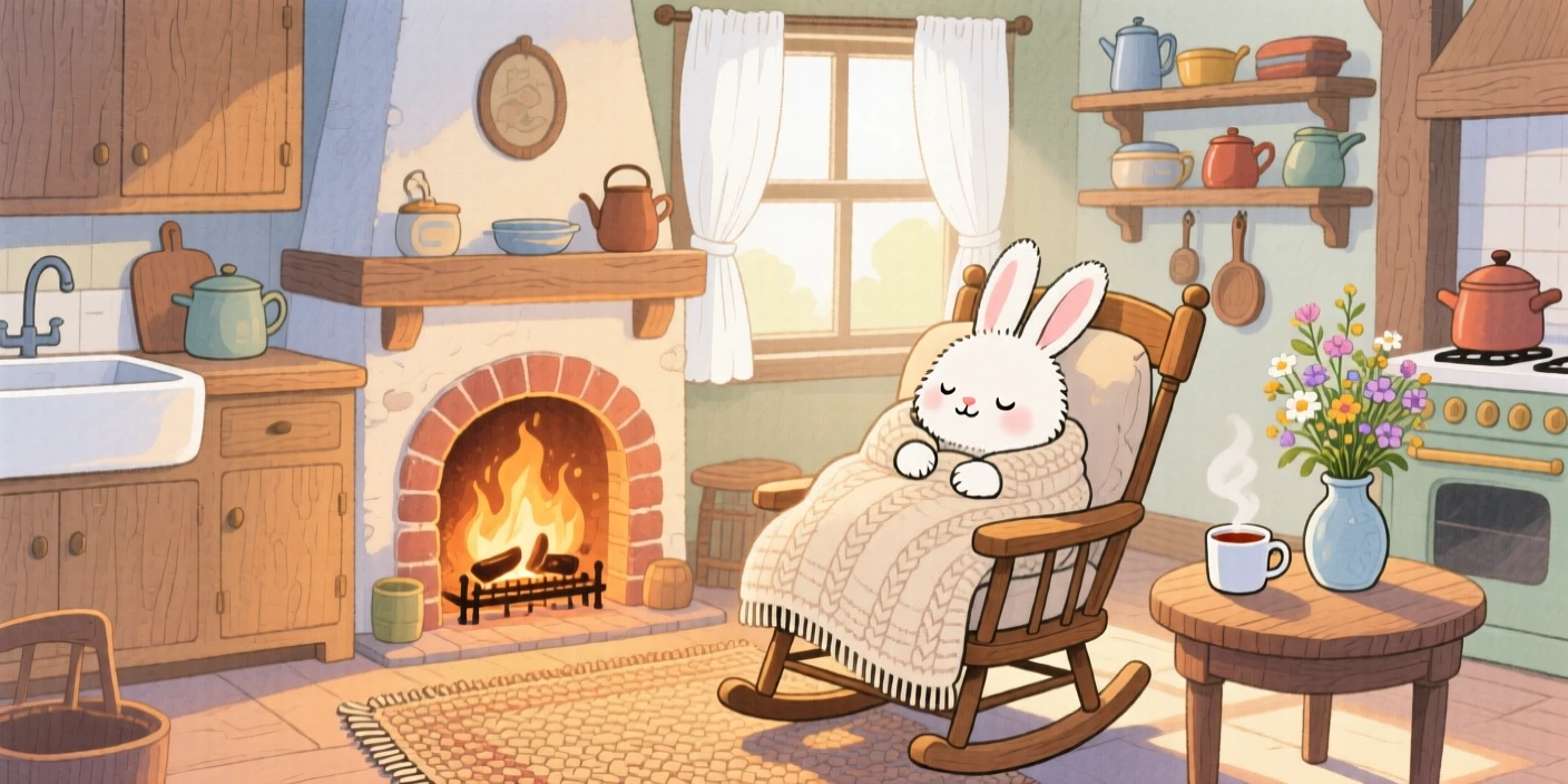 A fluffy white rabbit snuggling under a cozy blanket by a fireplace, set in a cozy farmhouse kitchen with morning light streaming in, capturing a fleeting moment of quiet contentment.