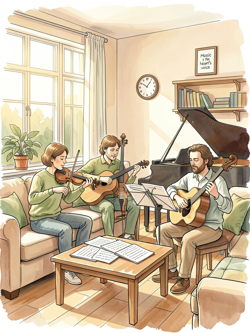 A group of musicians rehearsing together in a sunlit living room, a feeling of quiet contentment throughout the moment.