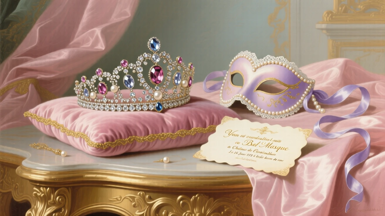 A jeweled tiara beside a silk mask and an invitation to a ball  