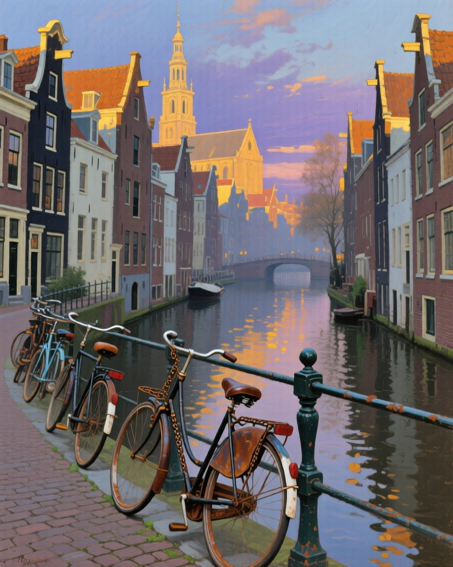 The canals of Amsterdam lined with narrow gabled houses and bicycles, as the last light of day catches the tops of towers and rooftops, designed to transport the viewer directly into the scene