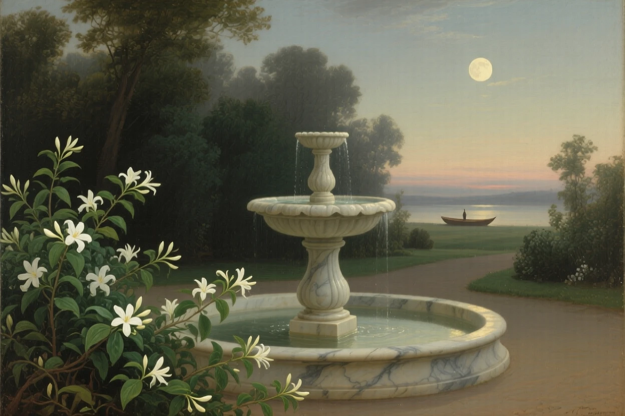 A moonlit garden with a marble fountain and blooming night jasmine holding the hush of early morning before the world awakens, set far from any signs of human presence, with a distant figure or small boat lending quiet scale to the vastness; a single striking element anchors an otherwise open, breathing composition, evoking peace, wonder, and quiet renewal.