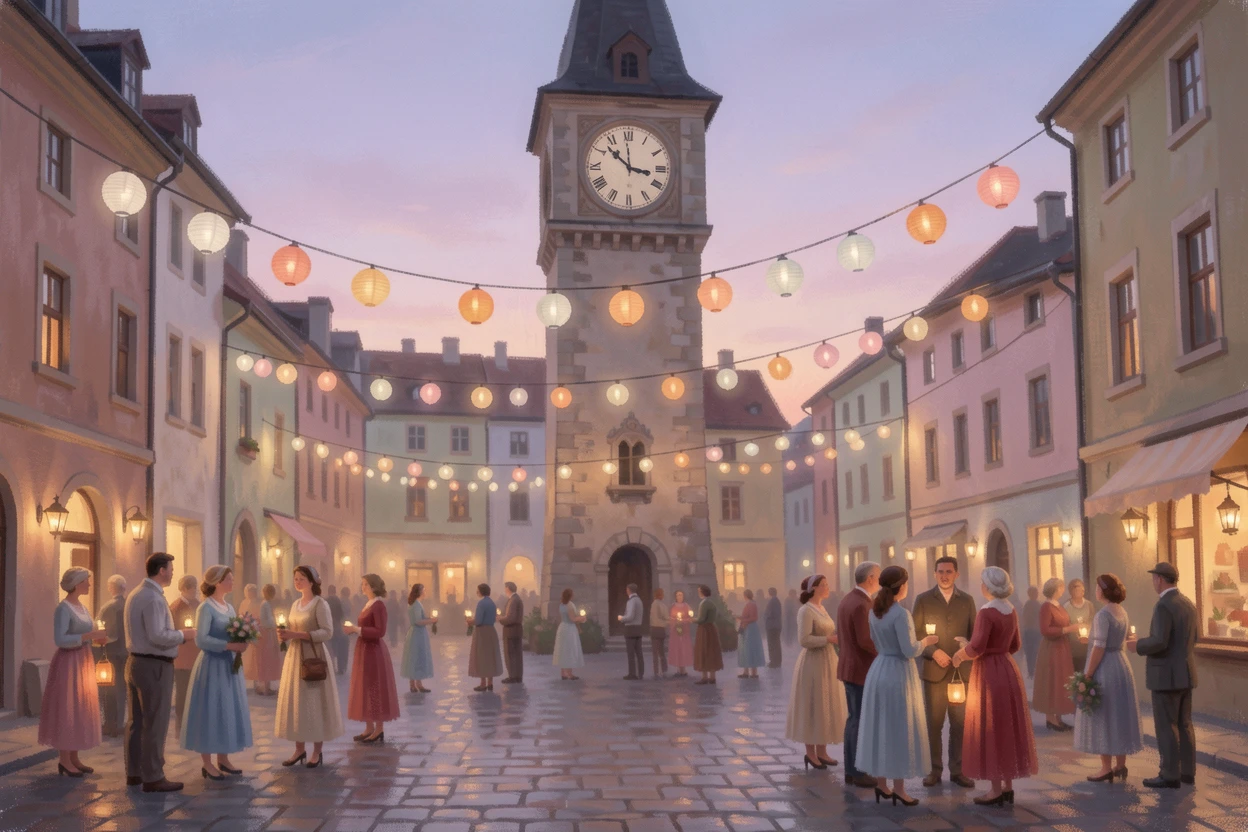 An old-world clocktower square where townsfolk gather beneath strings of lanterns for a festival, capturing a moment of quiet intimacy.