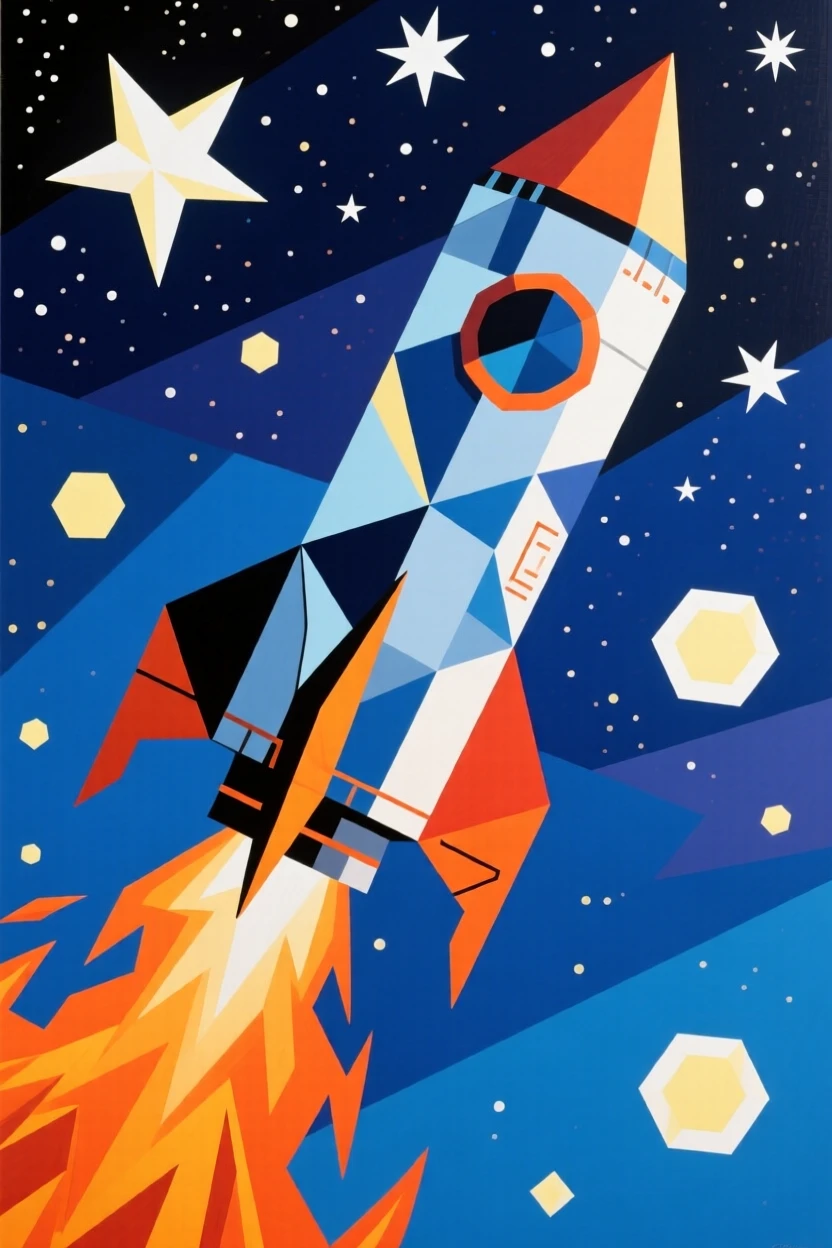 A rocket launching into a star-filled sky, trailing brilliant orange flame.