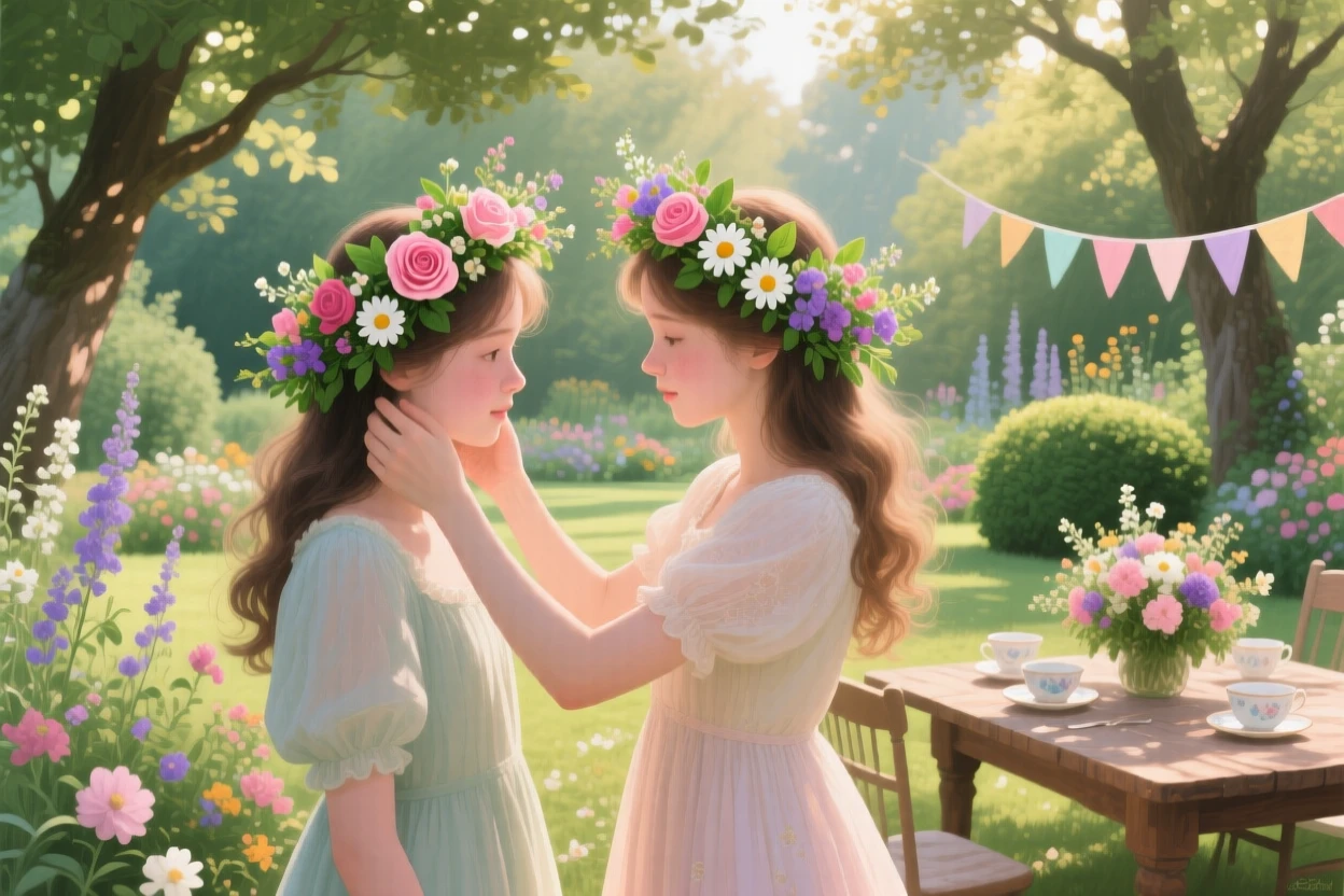 Sisters share a tender moment adjusting each other's flower crowns before a garden party, sunlight filtering through nearby trees, soft ambient light gently shaping the contours of their face and surroundings.
