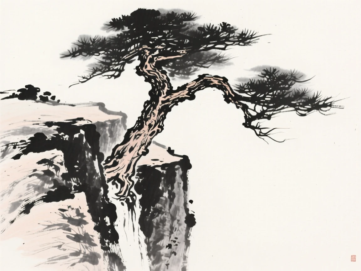 An ancient pine tree grows twisted from a cliffside crevice, as the wind bends its branches toward the cliff edge.