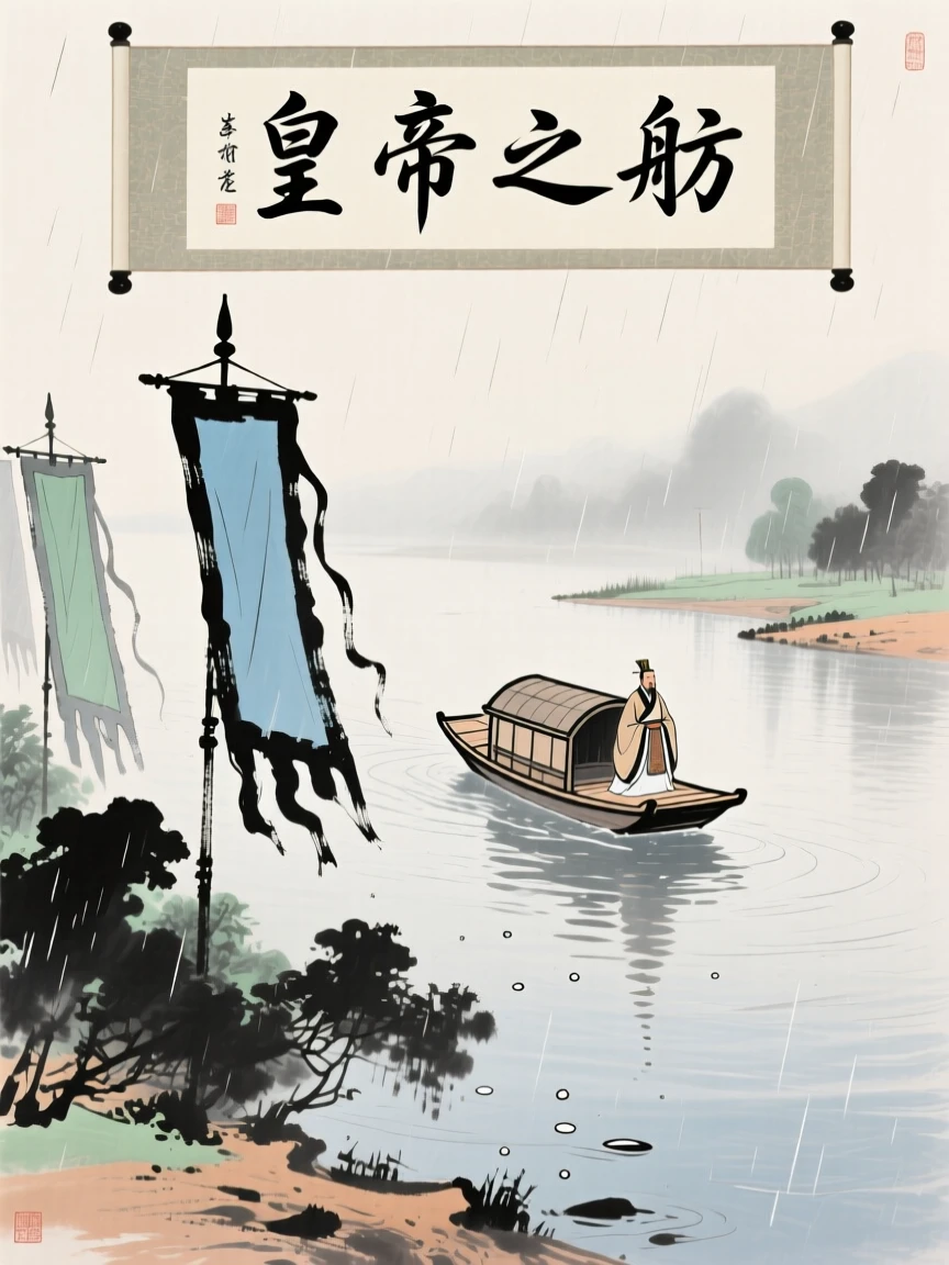 An emperor's barge gliding slowly down a wide river flanked by banners, just after a rain shower.