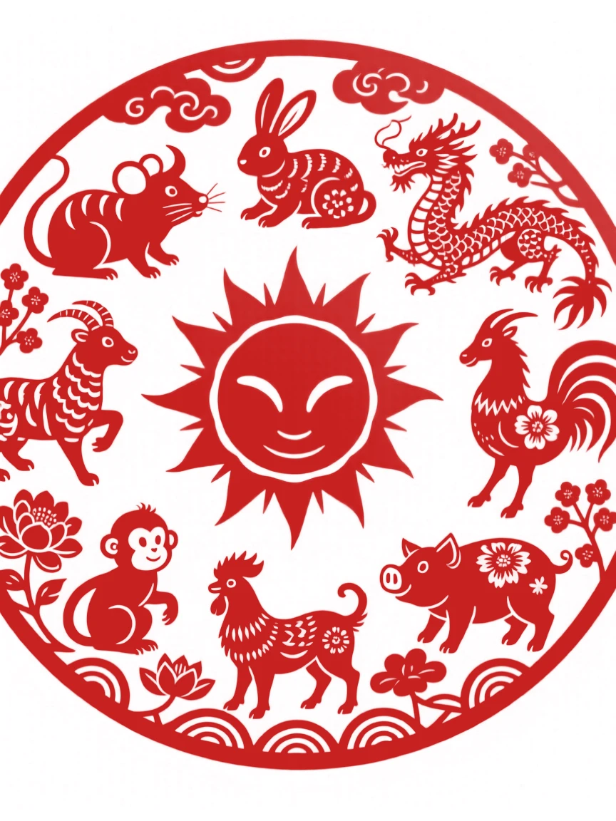 A round composition of twelve zodiac animals arranged in a circle around a central sun motif