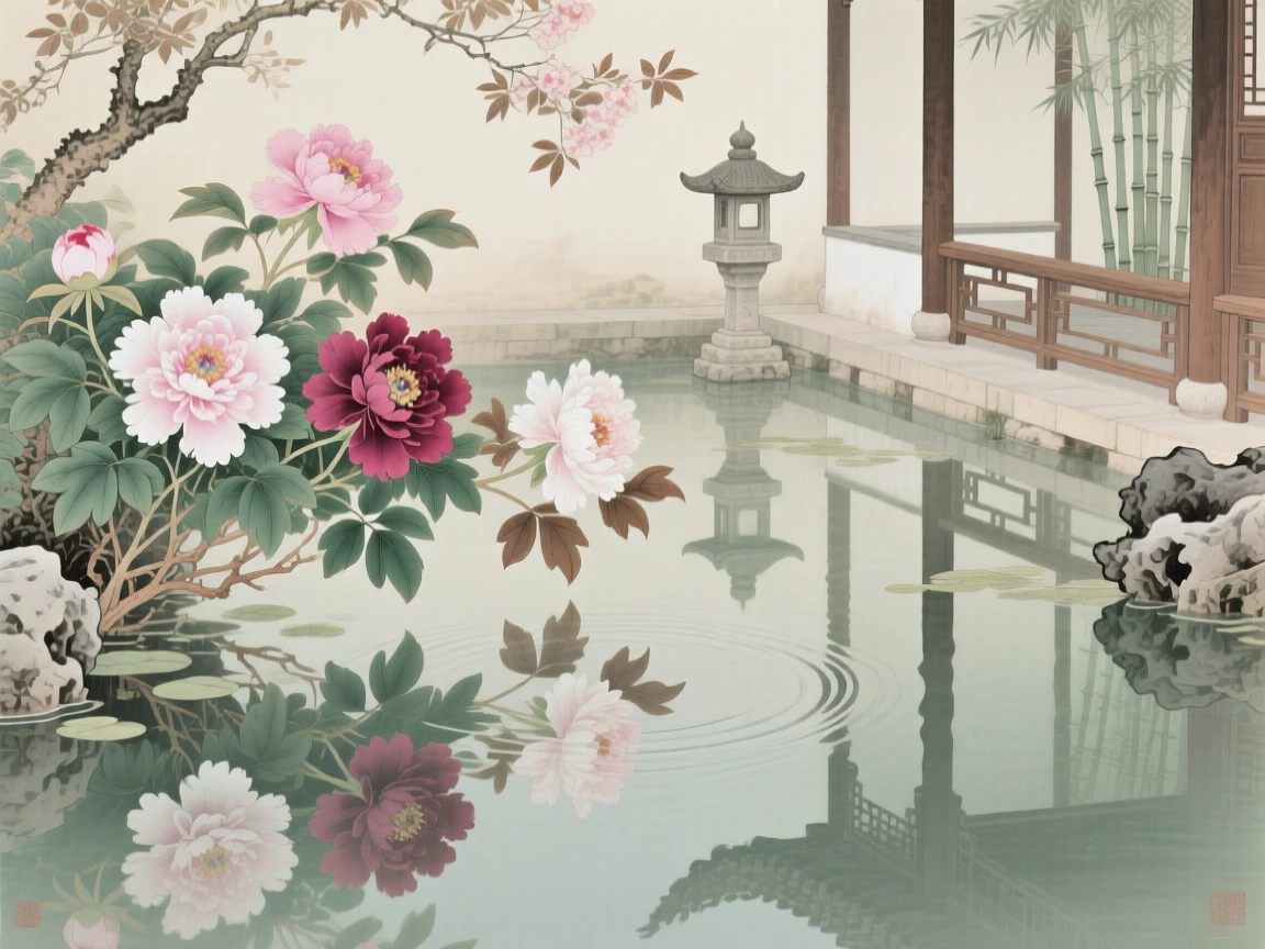 Peonies in full bloom reflected in the still water of a courtyard pond