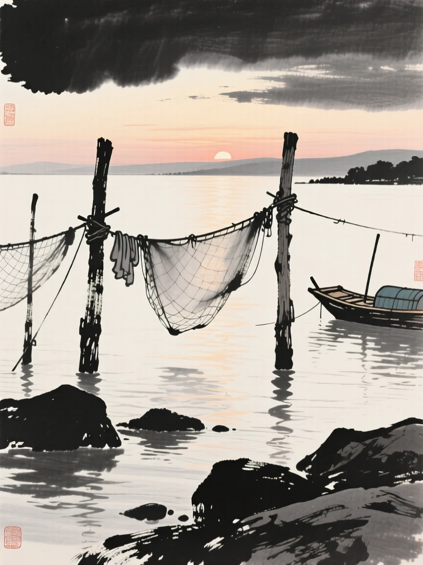 A calm bay where fishing nets dry along wooden posts with the last light of dusk catching the water's surface, framed low, with the foreground rocks leading the eye toward the distance, capturing a fleeting, serene moment suspended in time.