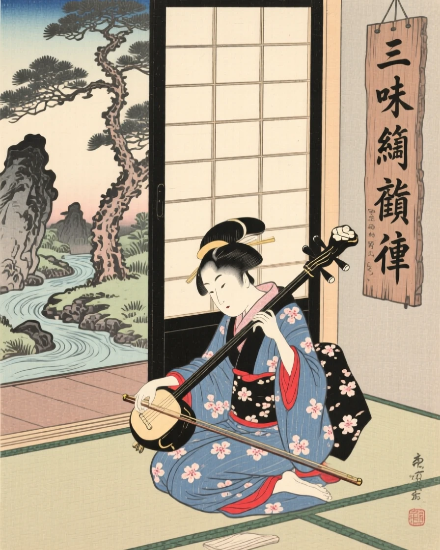 A young apprentice tuning an instrument before a performance.