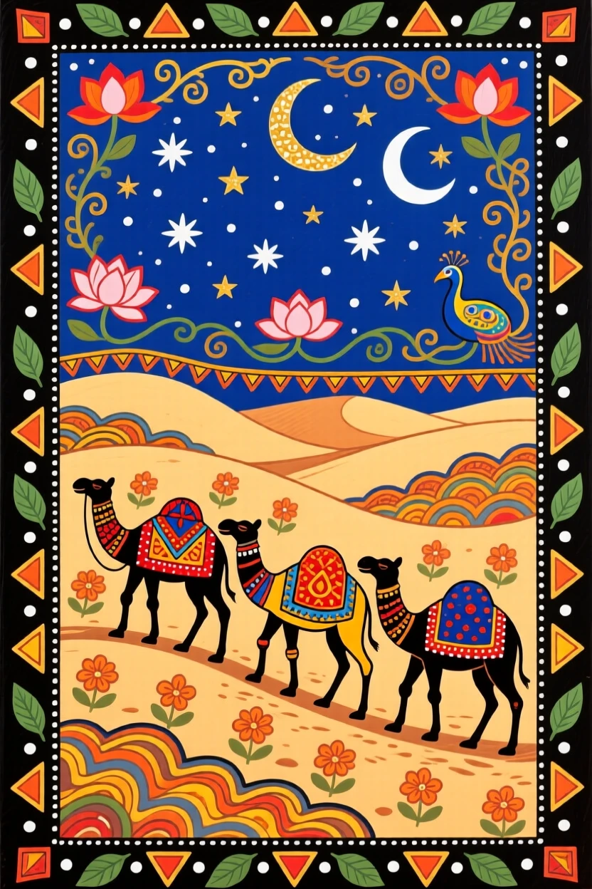 A caravan of camels crossing endless dunes beneath a starlit sky.