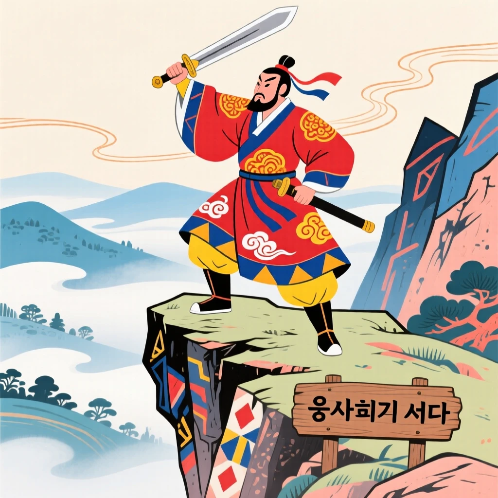 A folk hero standing atop a cliff, sword in hand, overlooking a misty valley.