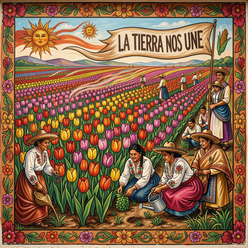 A field of tulips grown in neat colorful rows