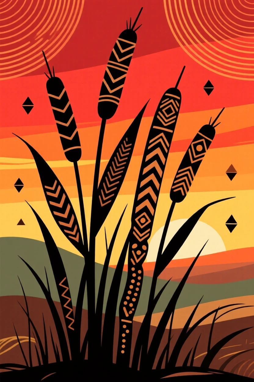 A thicket of wild reeds standing alone against a fiery sunset sky.