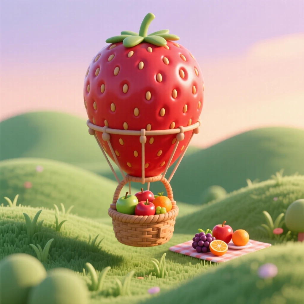 A hot air balloon shaped like a giant strawberry drifting over rolling green hills at sunrise, its basket carrying a picnic of fresh fruit.