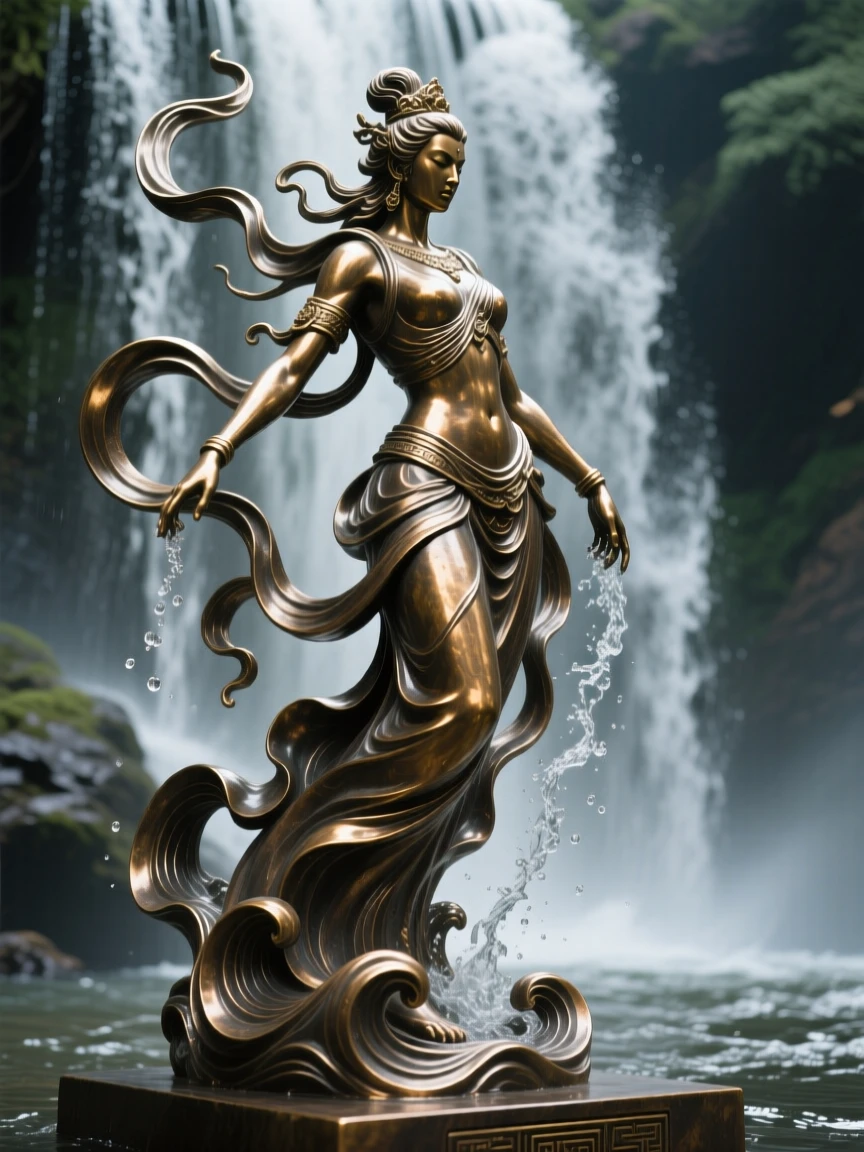 A water spirit rising gracefully from a waterfall, with an aura of ancient power, radiating awe and grandeur