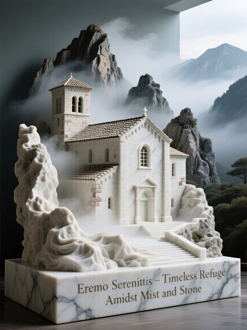 A striking, atmospheric depiction of an old monastery nestled in misty mountains, showcasing timeless elegance and grandeur