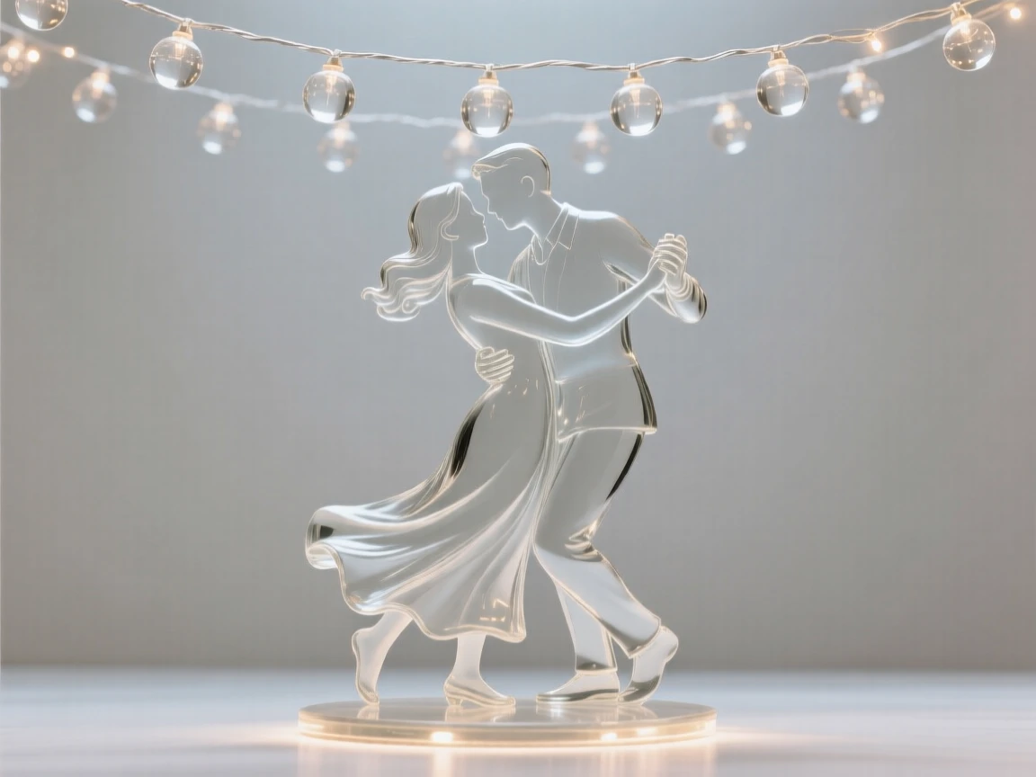 A couple dancing under string lights framed in a close, intimate composition, soft rim light outlining the silhouette, evoking warmth and connection.