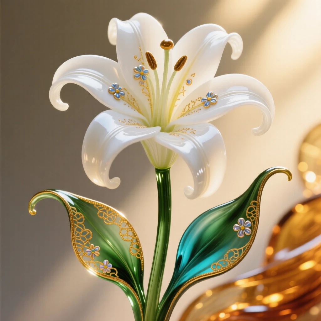 A single white lily glowing in a shaft of sunlight, pure and serene.