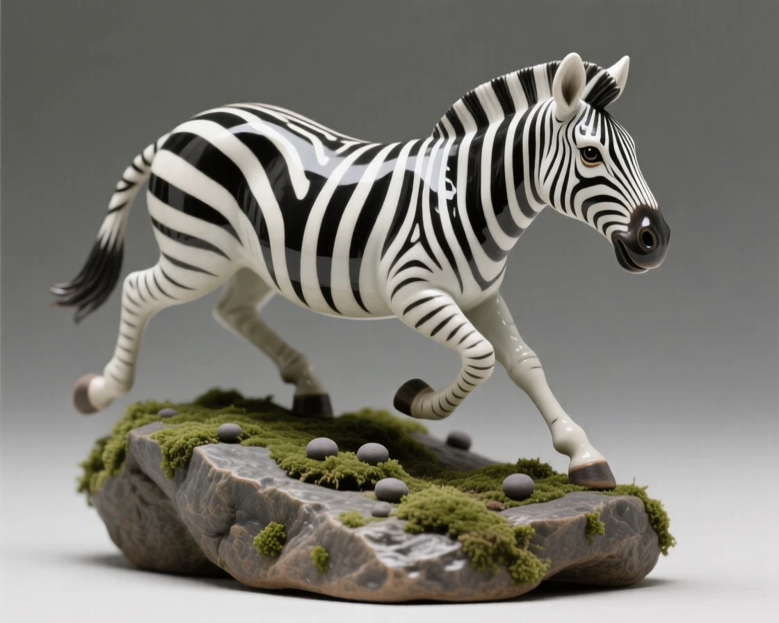 A zebra mid-stride perched alertly atop a mossy boulder, its eyes wide with gentle curiosity, radiating warmth and tender innocence.
