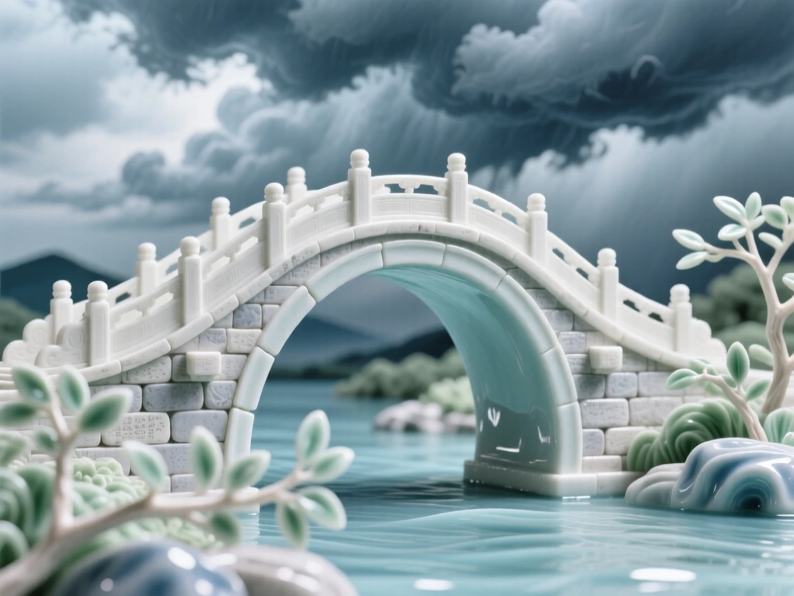 A grand view of an ancient stone bridge, framed by dramatic storm clouds clearing.