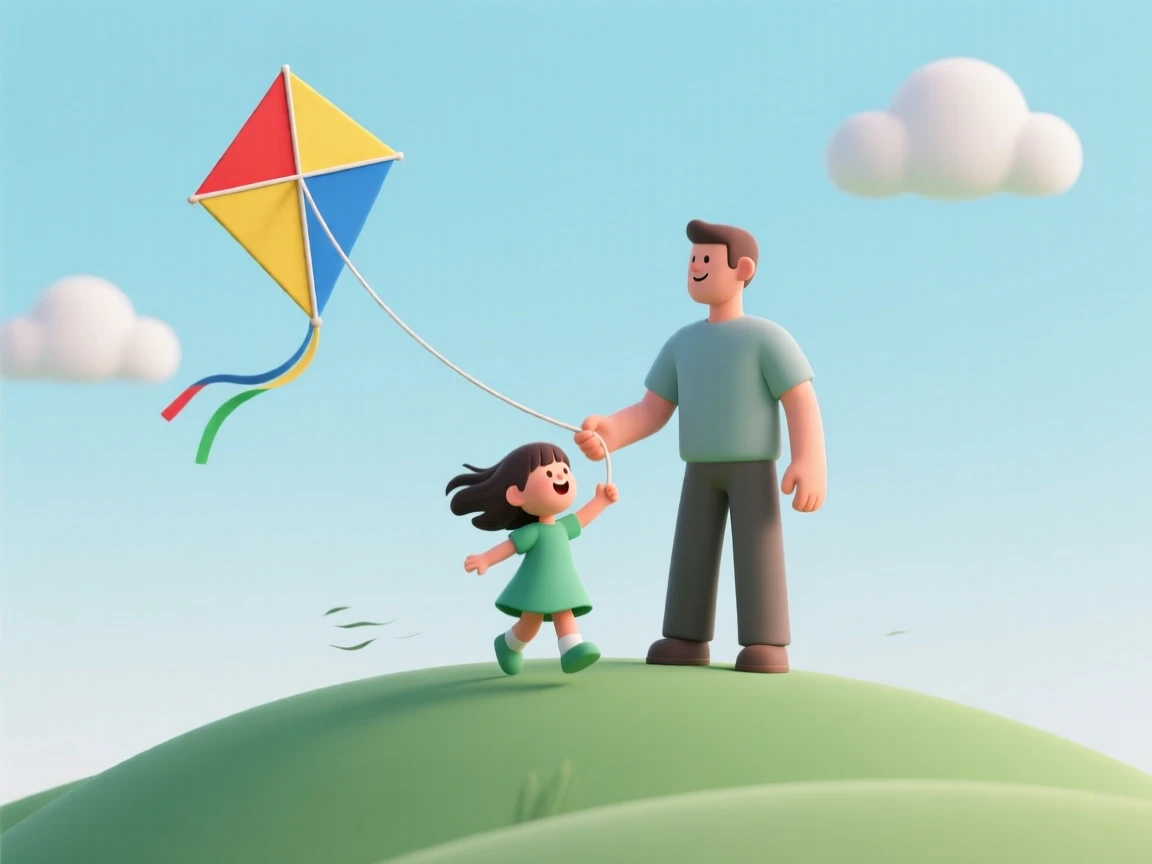A father and daughter fly a colorful kite together on a windy hilltop, laughing as it dips and soars.