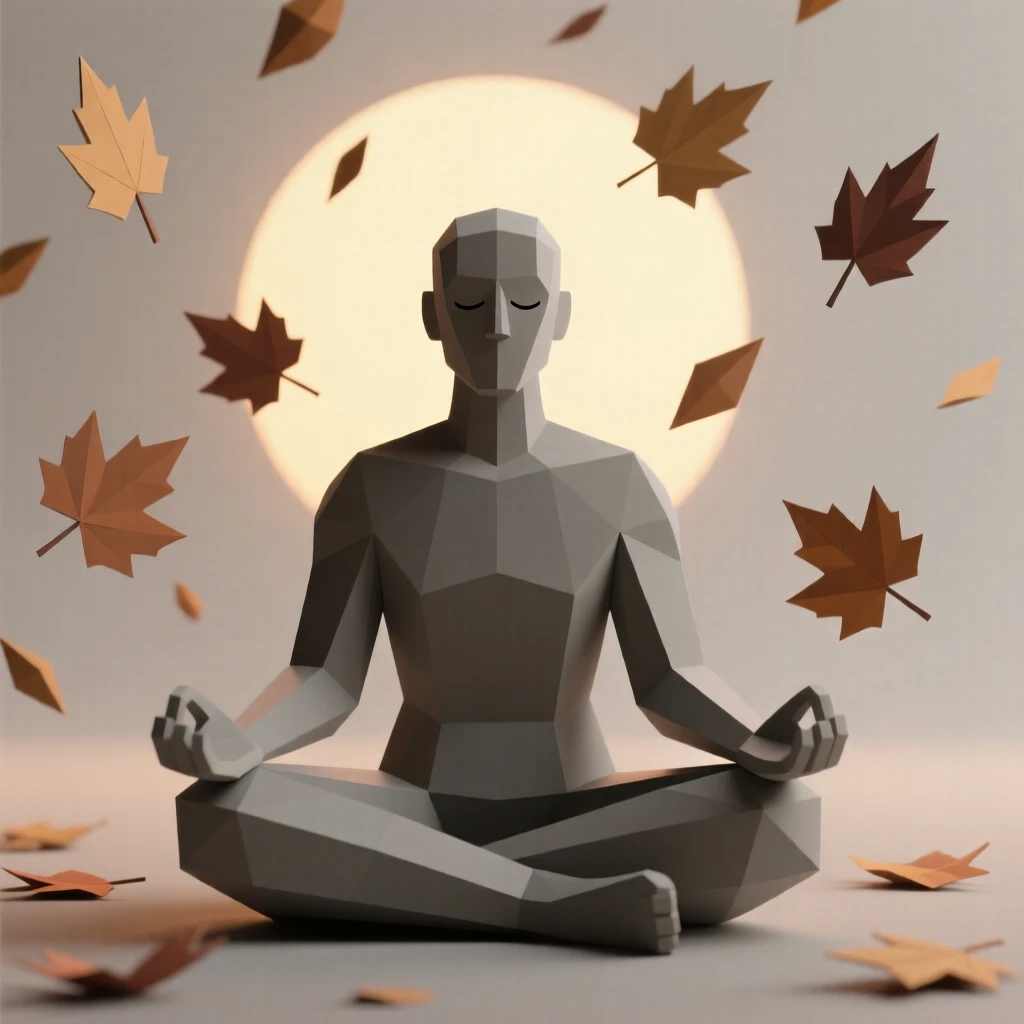 A person meditating quietly at sunrise, beneath falling autumn leaves. the composition captures genuine, candid emotion. It captures a feeling of quiet triumph.