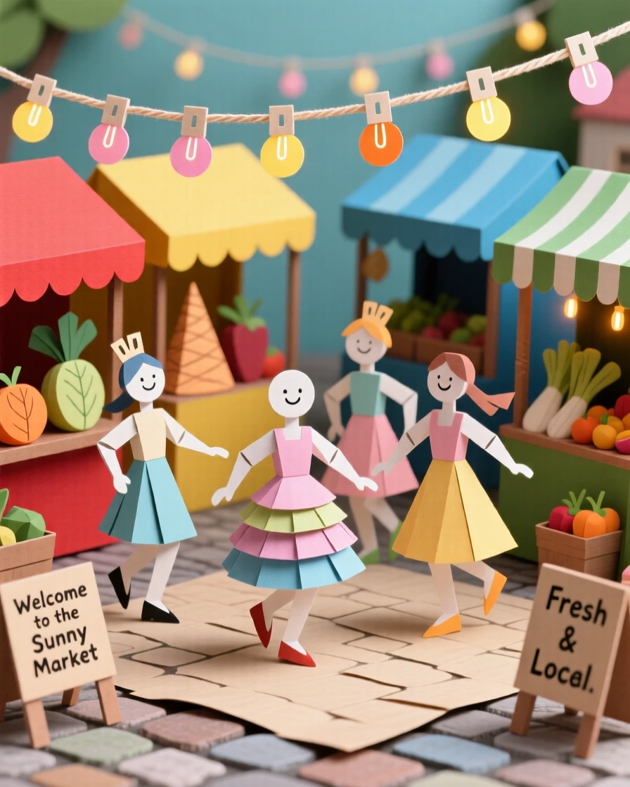 A group of dancers exploring a colorful open-air market, with string lights twinkling overhead, conveying nostalgia and gentle happiness.