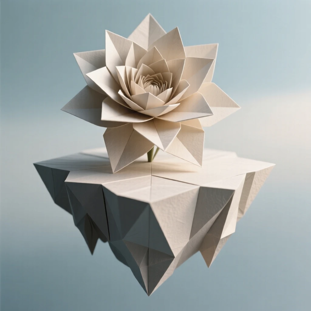 A floating island covered in a single enormous blooming flower visible from far below.