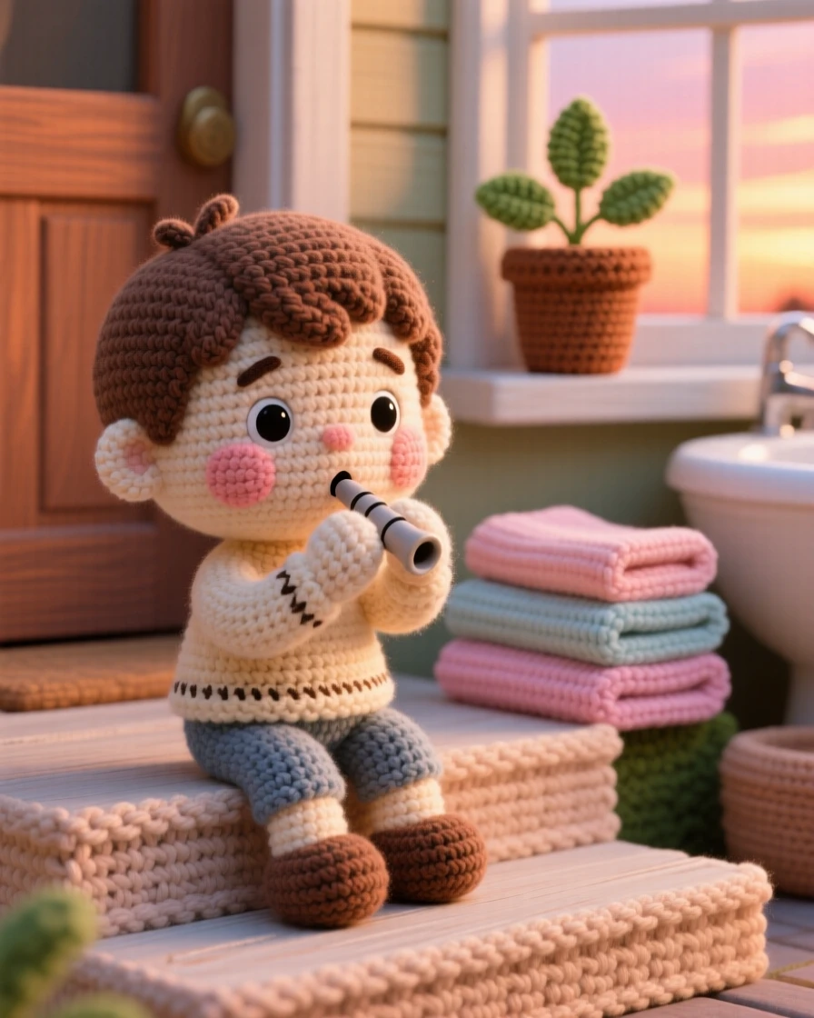 a small boy learning to whistle, with cheeks puffed out, practicing on a porch step at sunset, in a warm bathroom with towels folded neatly, with a small potted plant on the windowsill nearby, radiating warm familial love and simple comfort.
