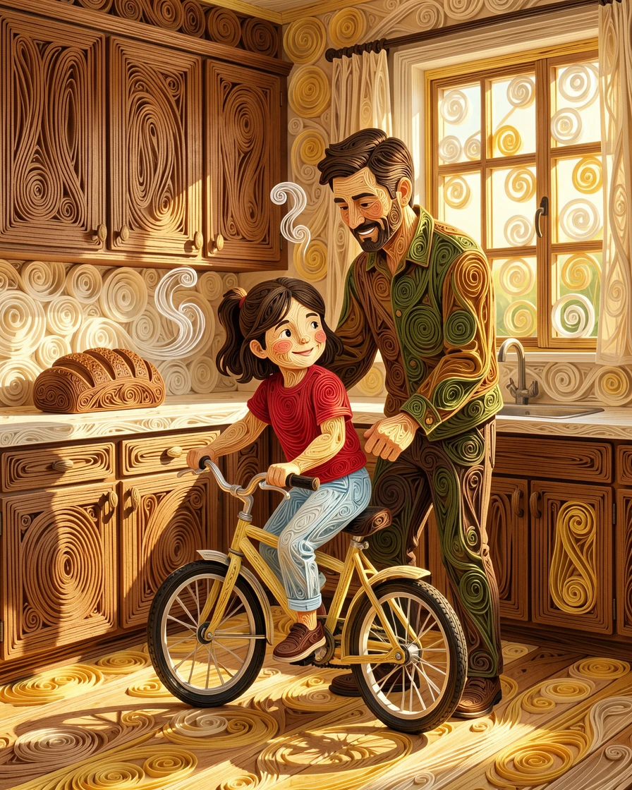 A heartwarming moment of a father teaching his daughter to ride a bicycle in a cozy kitchen filled with the smell of fresh bread, bathed in warm golden hour light, composed with generous warmth and closeness between subjects.