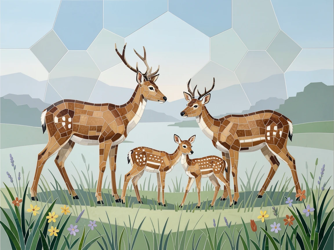 A family of deer grazing in a quiet misty meadow, captured in soft natural light with a shallow depth of field.