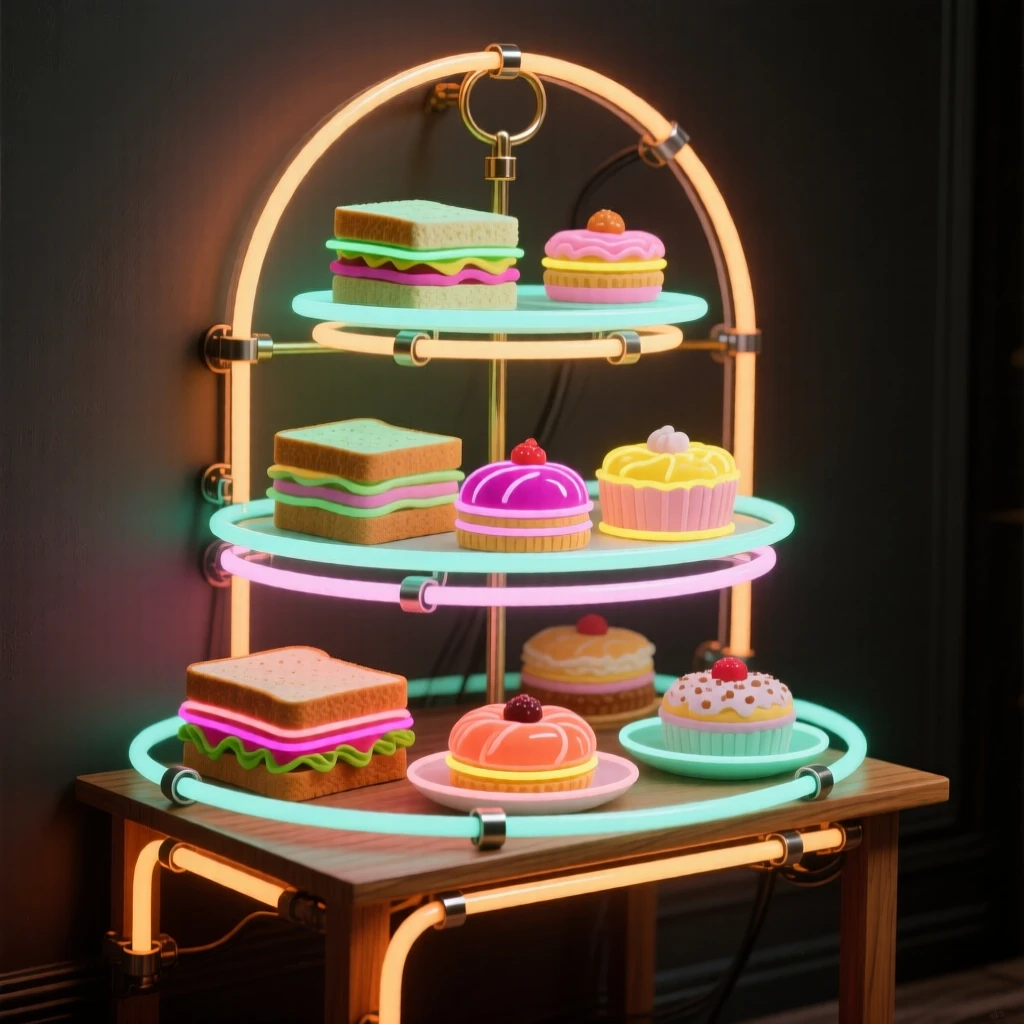A tiered afternoon tea stand with sandwiches and pastries.