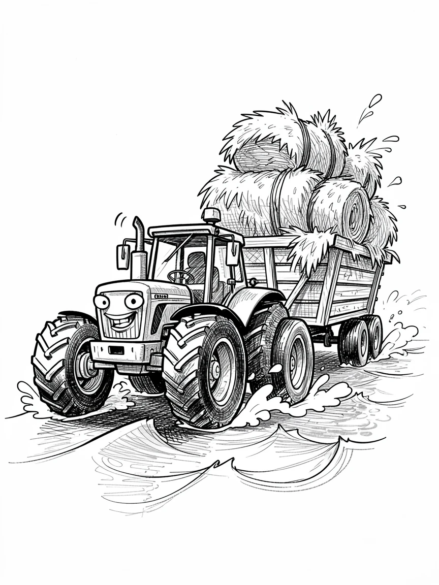 A tractor pulling a hay wagon sailing across a sparkling bay.