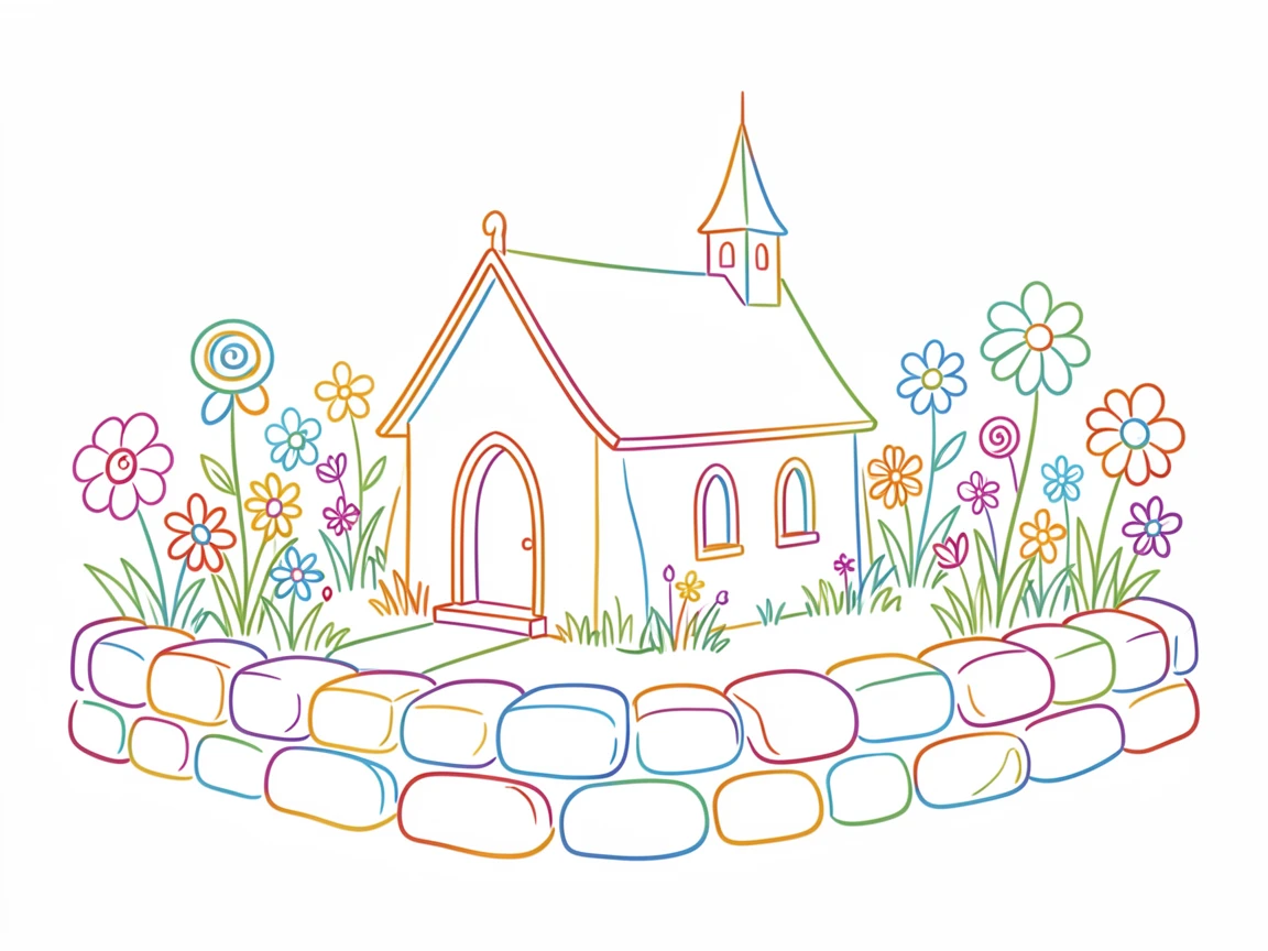 A quaint countryside chapel surrounded by wildflowers and a stone wall.