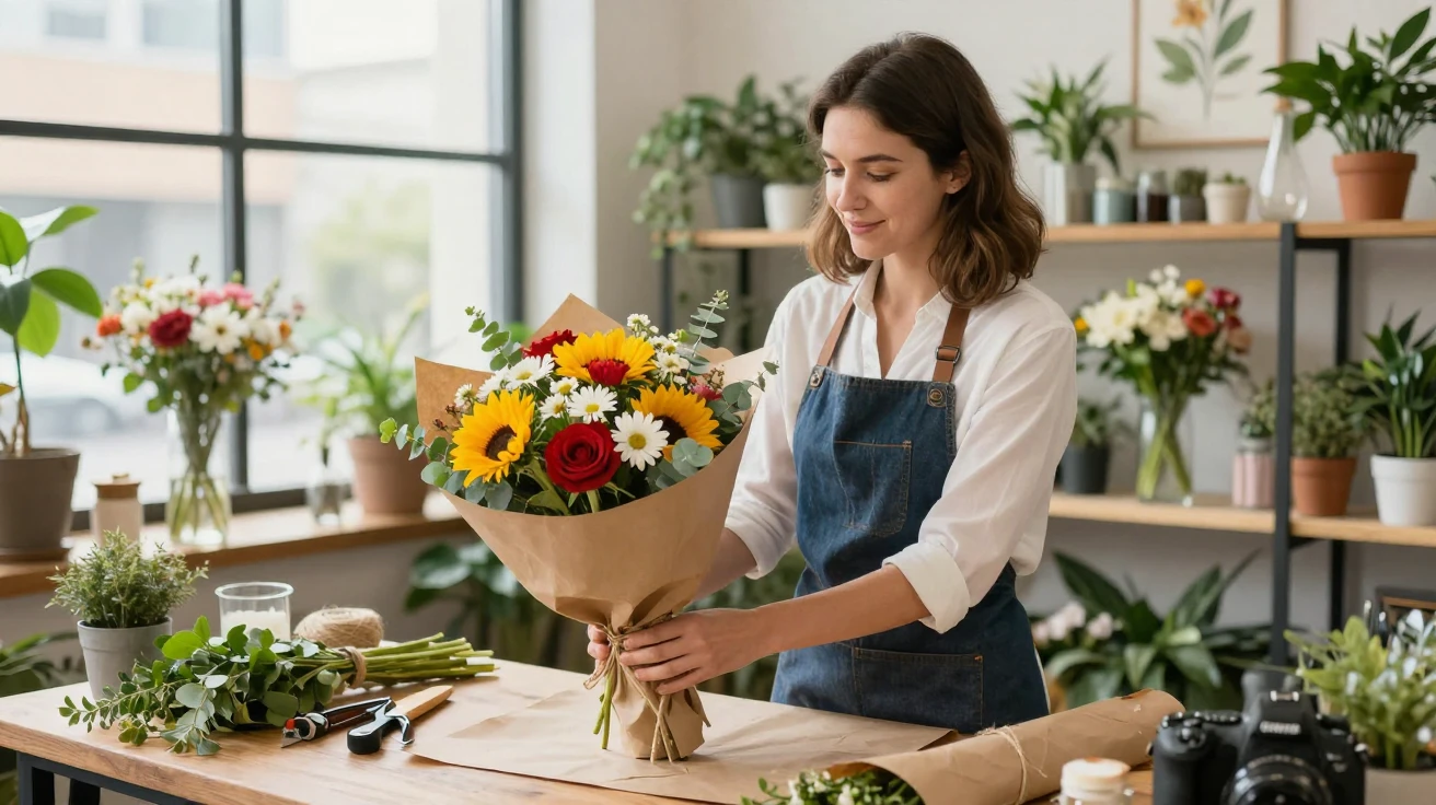 A florist wrapping a bouquet in kraft paper and twine