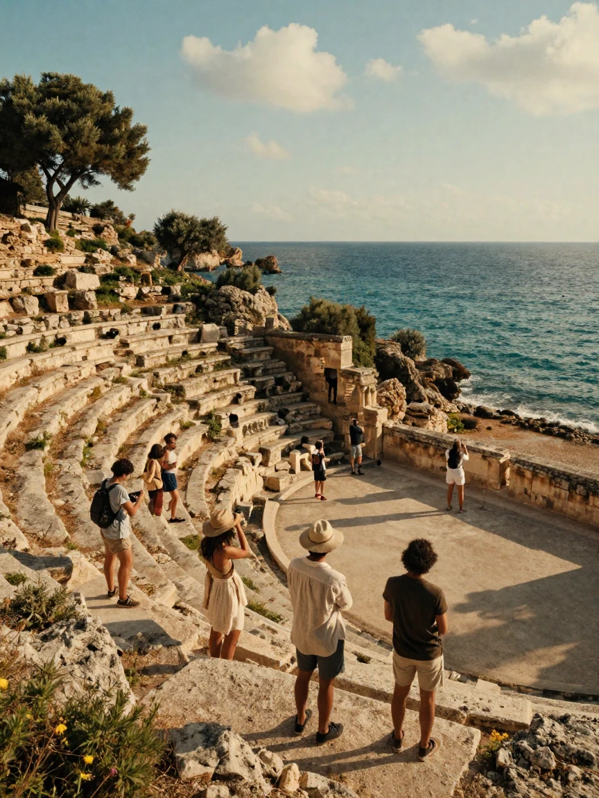 Travelers exploring an ancient amphitheater bathed in warm light along the coast of a Mediterranean island