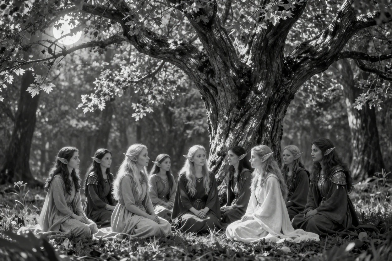 A group of elves gathers beneath an ancient silver tree in a moonlit forest glade.