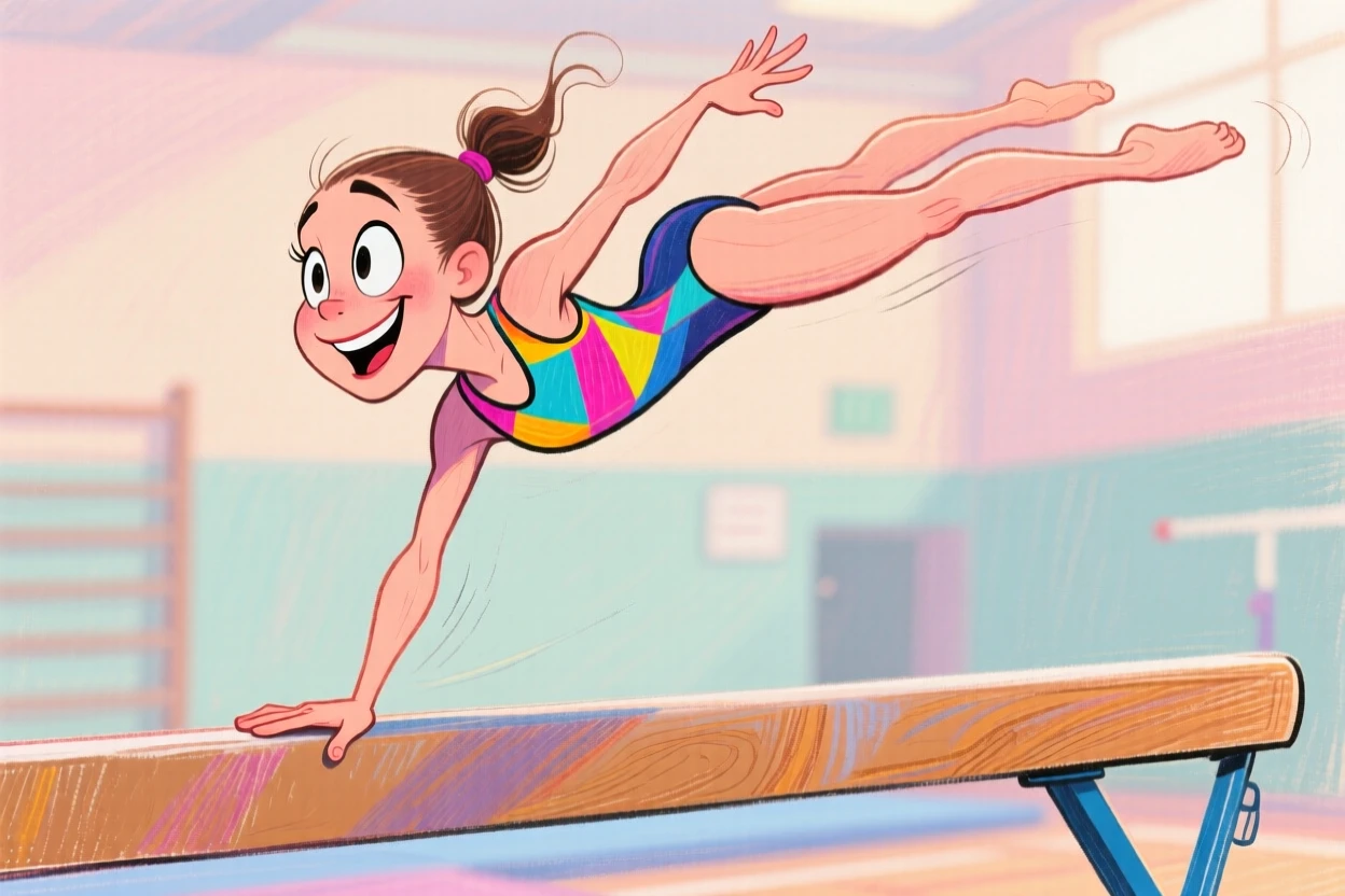 A gymnast mid-flip on a balance beam, arms perfectly poised for landing.