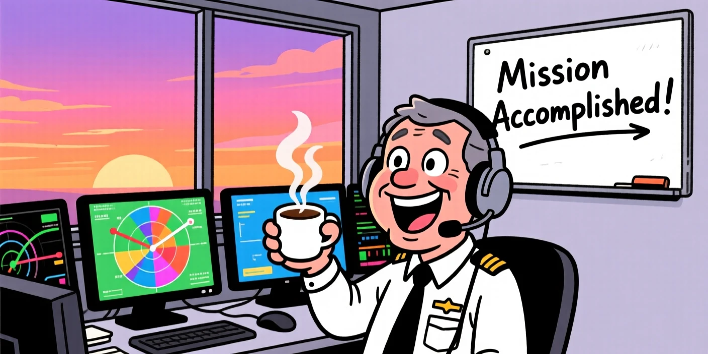 A vibrant profession-themed portrait of a busy air traffic controller celebrating after finishing a difficult job, at the crack of dawn with coffee in hand.