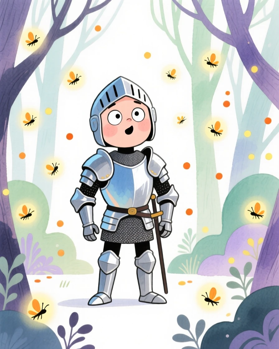 A knight in shining armor surrounded by glowing fireflies in an enchanted forest