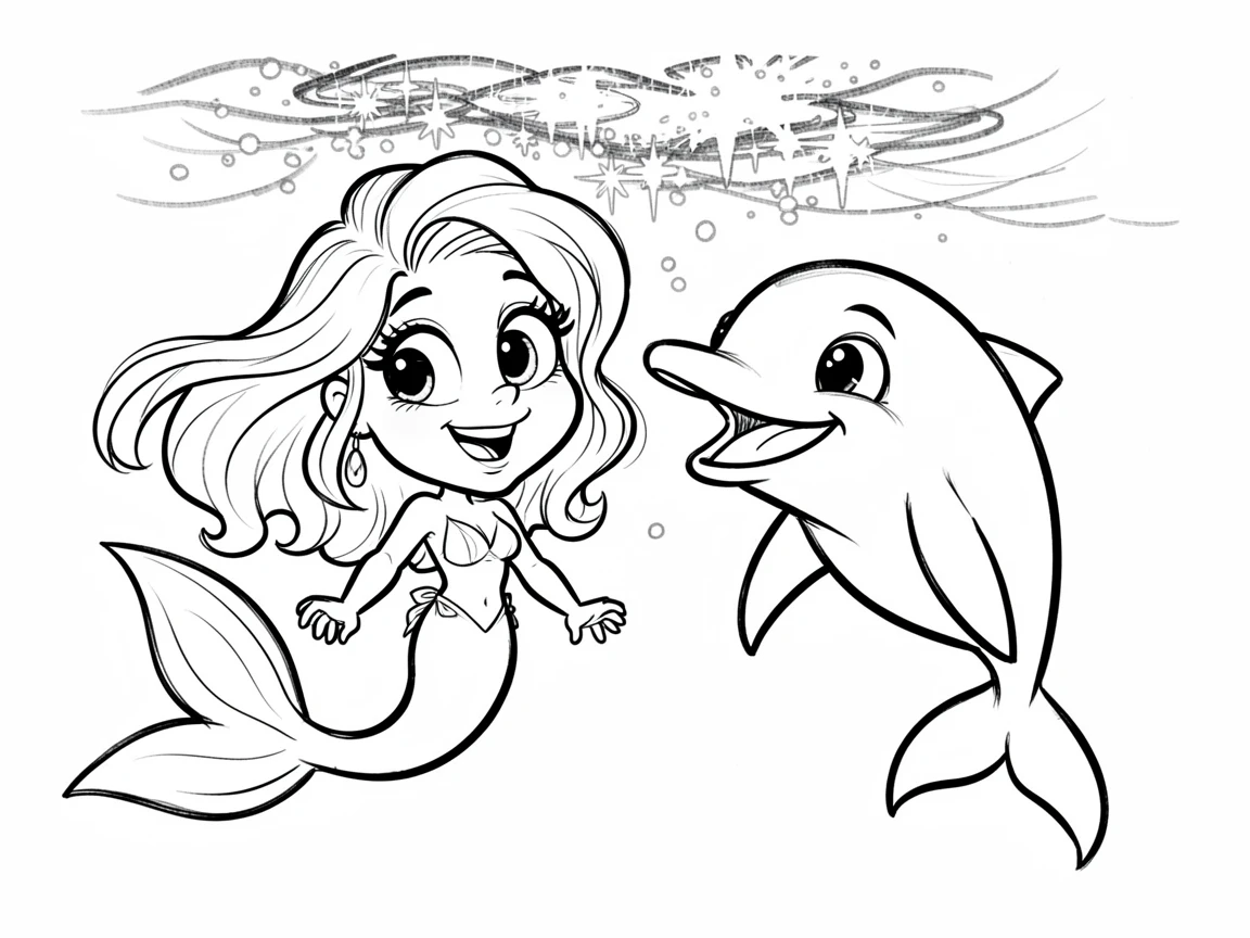 [Fantasy & Imaginative Scenarios] Imaginative fantasy scene of a mermaid befriending a curious dolphin beneath sparkling waves, brimming with wonder