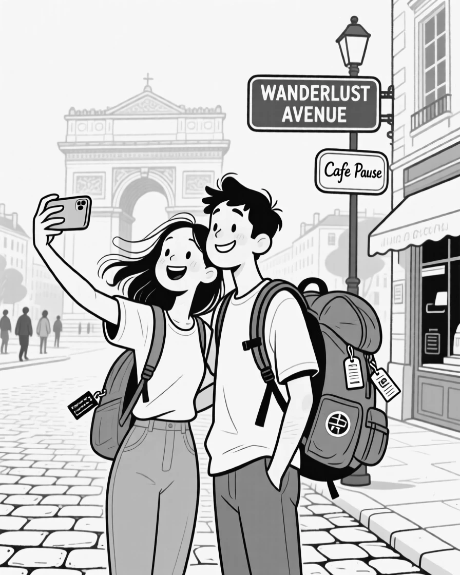 A couple posing for a wobbly selfie at a famous landmark, watching the world go by with a contented sigh, set on a windy cobblestone street. Luggage tags flutter from an overstuffed backpack. It radiates wanderlust and the fun of getting a little lost.