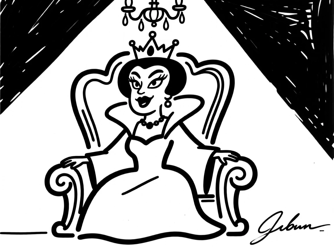 A queen sitting regally on an ornate throne, crown gleaming under chandelier light.