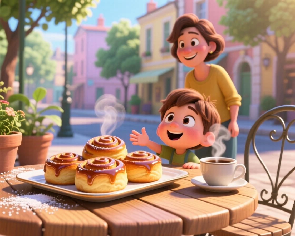 A tray of glazed cinnamon rolls sits at a sunny outdoor cafe table, with sunlight catching the glossy glaze. A cheerful, mouthwatering warmth surrounds the dish.