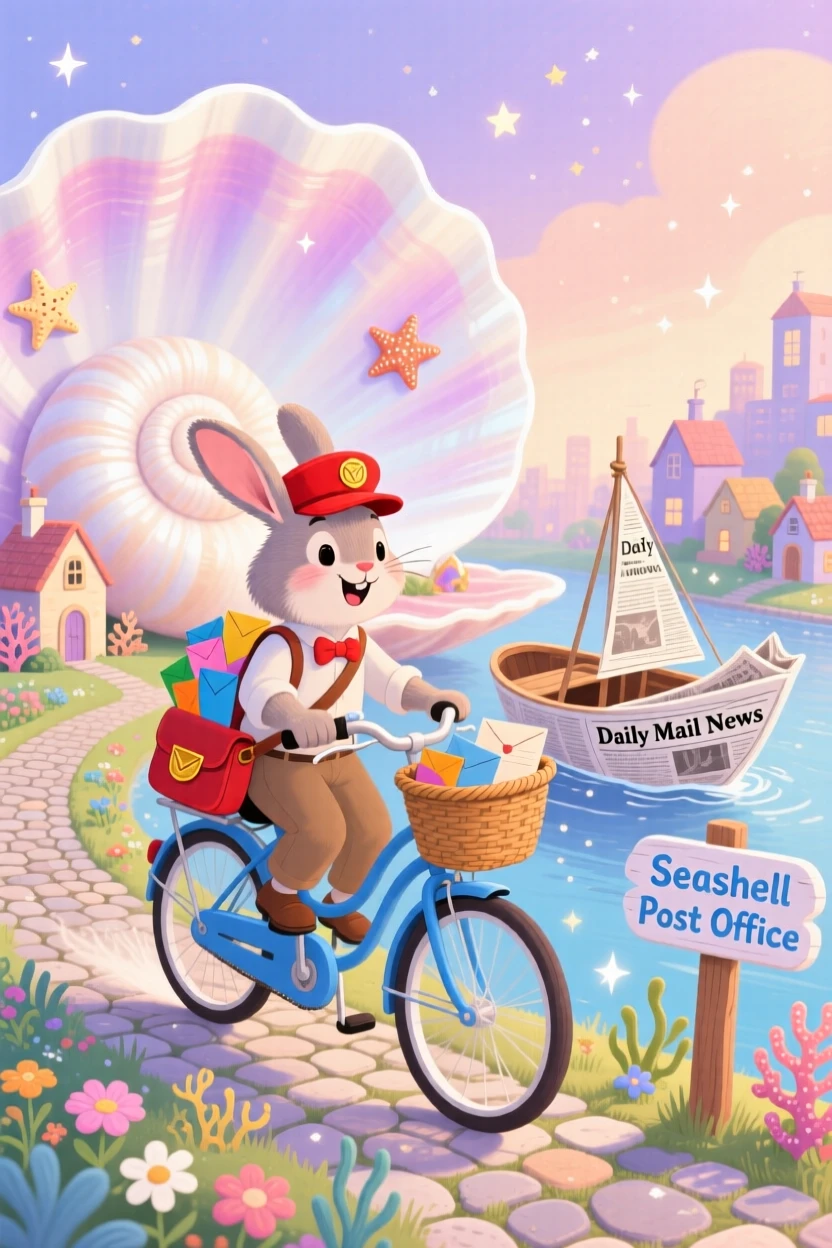 A rabbit postman on a bicycle delights in sailing a boat made from a folded newspaper, tucked within a city built inside a giant seashell, as gentle sparkles settle over the scene.