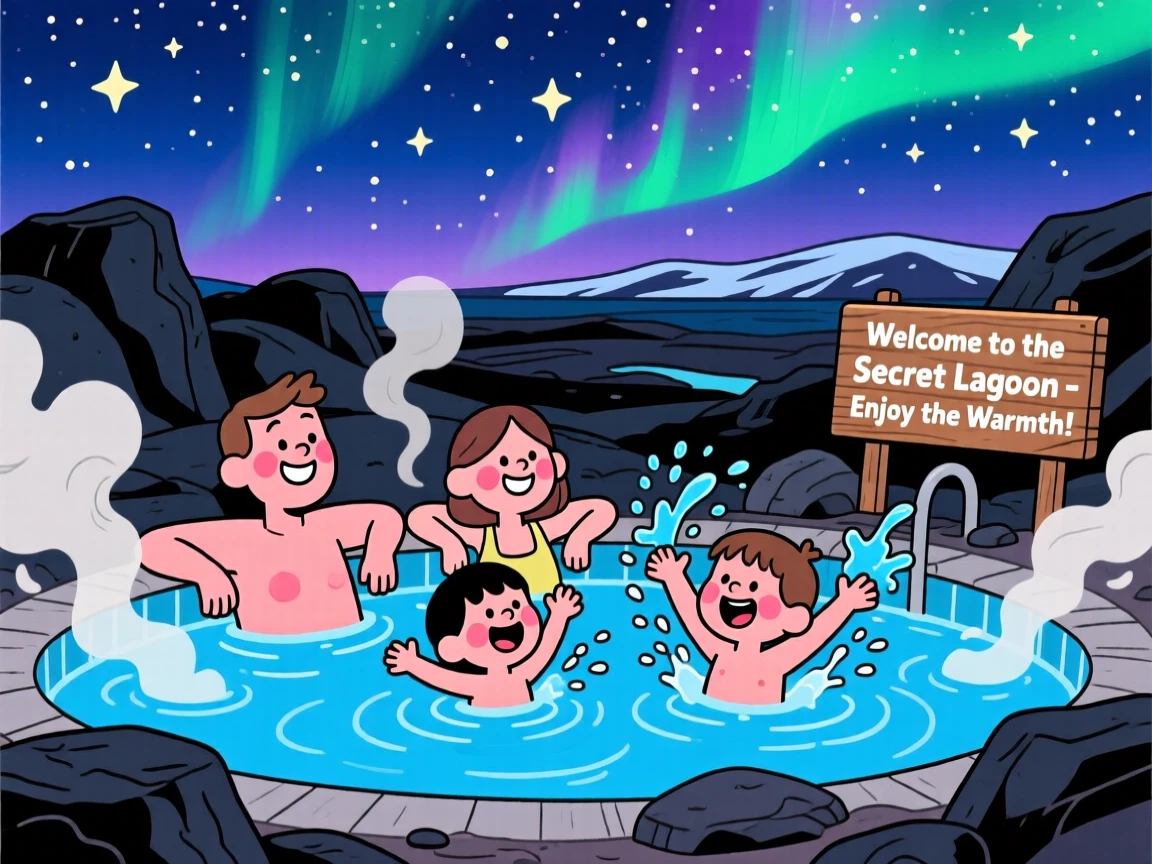 A family in Iceland soaking in a warm geothermal pool under the stars.