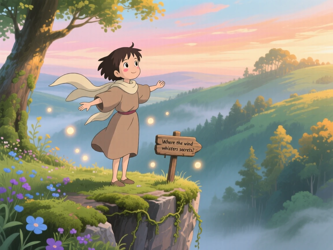 A tender moment of a person standing at the edge of a cliff, arms open to the wind, the scene deeply heartfelt.