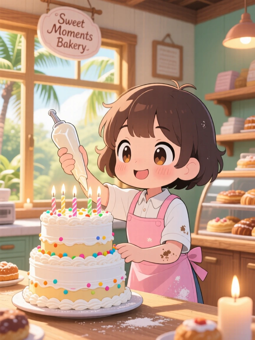 A young baker frosting a towering birthday cake in a warm sunny bakery on a warm tropical afternoon; gentle candlelight washes over the scene as sleepy relaxation fills the moment. Close-up portrait.