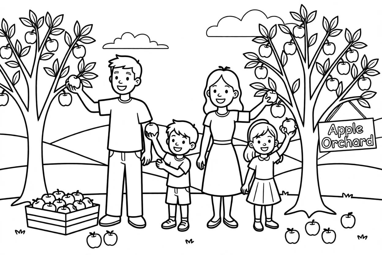 A family visiting an apple orchard and picking apples